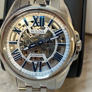 Bulova Automatic Skeleton Watch 96A187 Blue Roman Dial